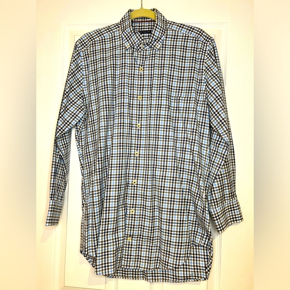 Peter‎ Millar Men's Medium Black Light Blue Plaid Button Down Long Sleeve Shirt - Picture 2 of 10